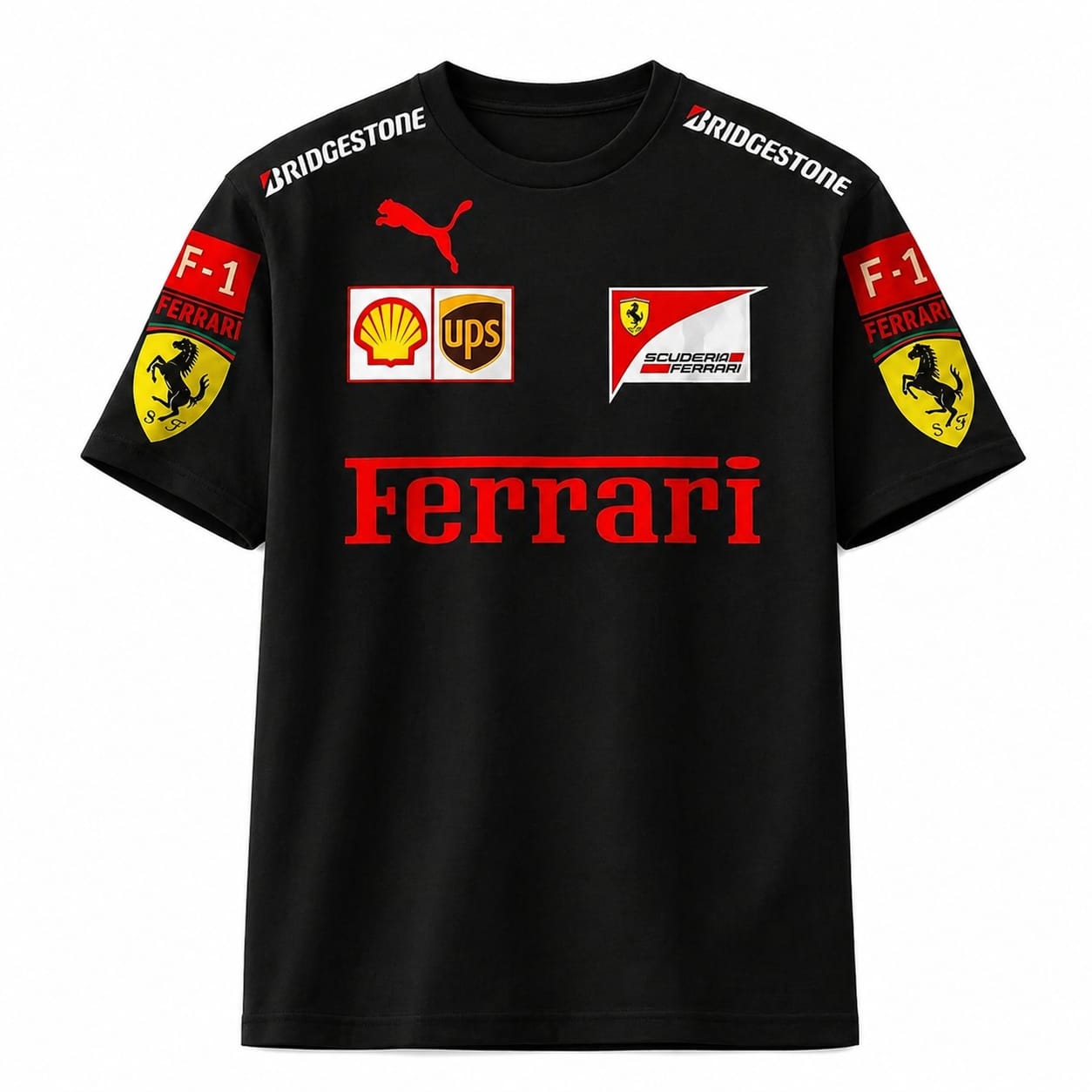 Ferrari F1 Black T-Shirt – Puma Scuderia Ferrari Racing Tee with Sponsor Logos